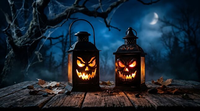 Gothic style halloween lanterns with carved monster faces glowing on rustic wooden boards in misty woods.