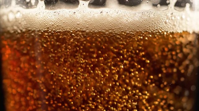 Close up of dark beer with effervescent bubbles rising in a glass