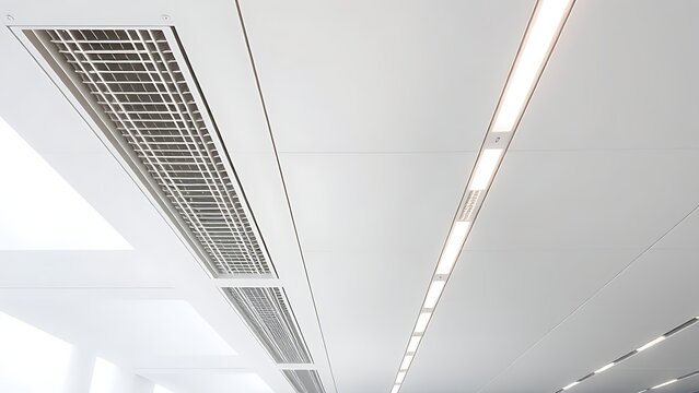 Underside of a modern eave with linear grilles and recessed lighting.