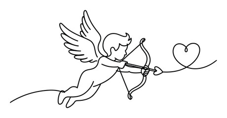 Línea continua minimalista de Cupido lanzando una flecha en forma de corazón