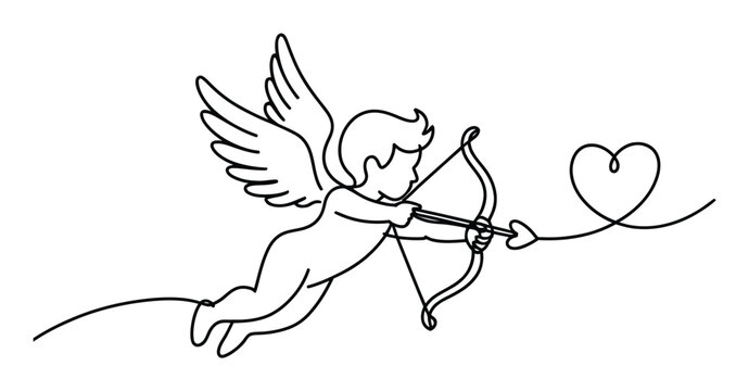 L&iacute;nea continua minimalista de Cupido lanzando una flecha en forma de coraz&oacute;n