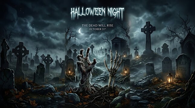 Halloween night cemetery with zombie hands emerging from graves under moonlit sky.
