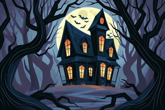 Haunted Gothic Mansion Silhouette Under Giant Full Moon with Flying Bats and Twisted Forest Trees in Misty Night Scene