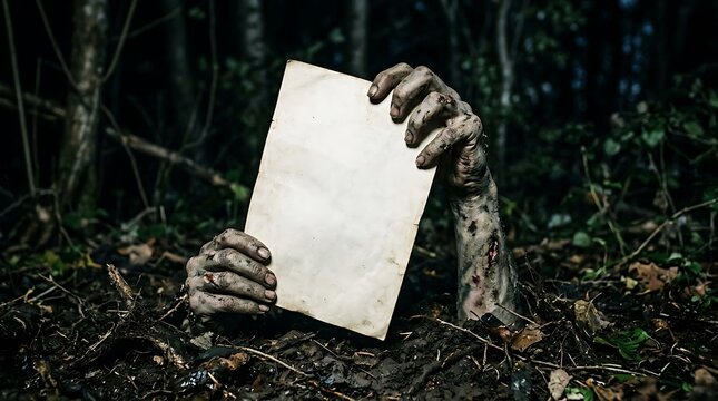 Zombie hands rising from dark forest floor holding vintage blank paper sheet.