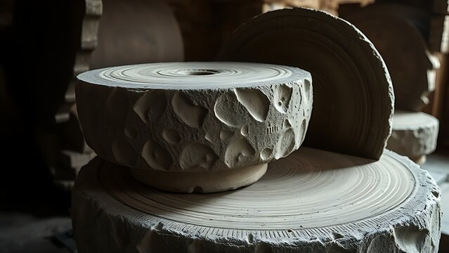 Two large textured stone millstones stacked in an old mill.
