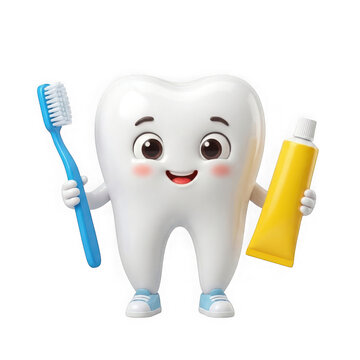 Cute cartoon tooth character holding a toothbrush and toothpaste isolated on transparent background