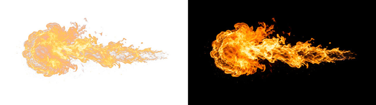 Dynamic fire flame jet isolated on black and white background representing intense heat energy combustion and powerful natural element explosion