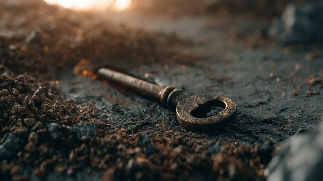 Vintage Rusty Key Lies Forgotten in Soil Surrounded by Dirt and Gravel, Capturing Essence of Time and Abandonment in Nature's Quiet Moment