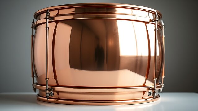 Polished copper kettledrum on bright surface, orchestral percussion instrument concept.