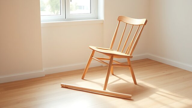 Misaligned wooden chair with crooked leg and unassembled dowel, DIY furniture assembly concept