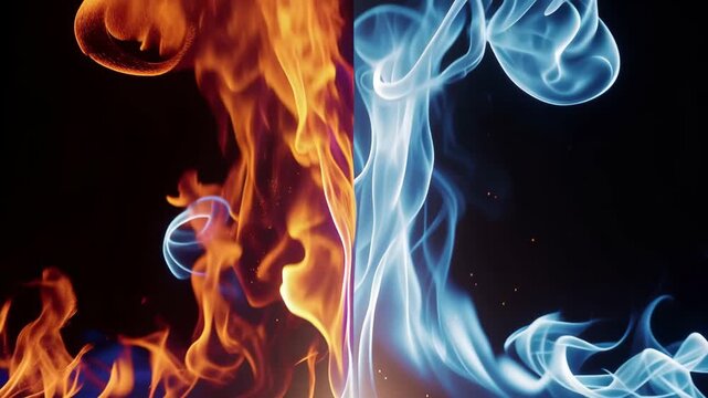 Dynamic visual of vibrant contrasting flames showcasing fierce dancing fire energy