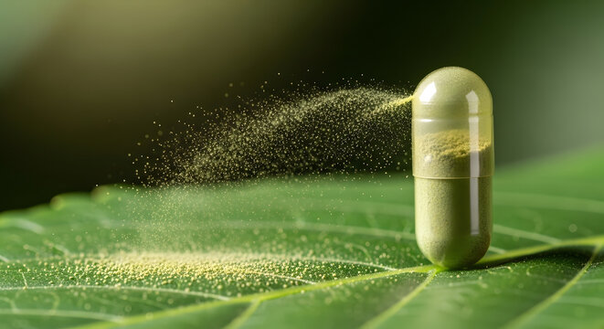 Golden capsule releasing powder on green leaf.