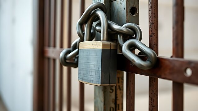 Heavy metal chain and padlock securing gate latch, security concept