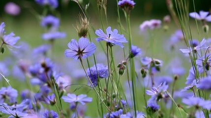 Fototapeta premium Beautiful field of delicate purple flowers swaying gently in the breeze under a bright sunny sky showcasing nature's vibrant colors and serene atmosphere