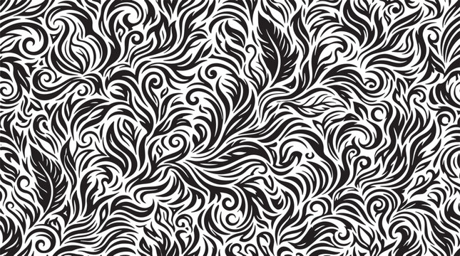 Abstract Floral Swirl Paisley Pattern Decorative Leaves Flourish and Organic Waves Black and White Seamless Vector