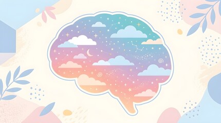 Obraz premium Pastel gradient brain silhouette containing dreamy night sky with clouds stars with silhouette filled