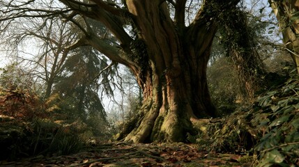 Fototapeta premium Majestic old tree with thick roots in serene forest scene surrounded by green foliage, sunlight peeking through branches creating peaceful atmosphere