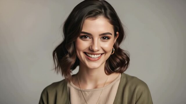 Vibrant video of a young woman smiling warmly in stylish modern fashion radiating confidence and positivity
