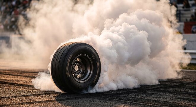 A rear race car tire spinning and burning rubber on an asphalt track during a drag race event