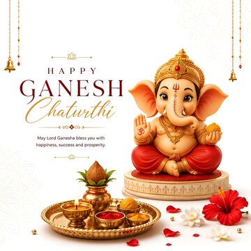 Happy ganesh chaturthi celebration with lord ganesha statue and puja thali setup chaturthi festival religious celebration offering tradition