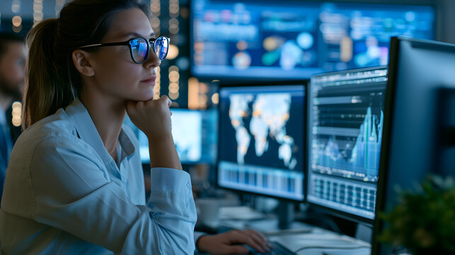 Focused female business analyst reviewing data dashboards and global market charts