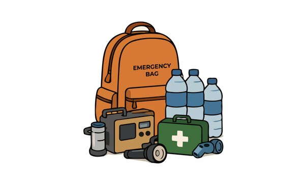 Vector illustration of an emergency bag and essential survival equipment for disaster preparedness and safety supplies.