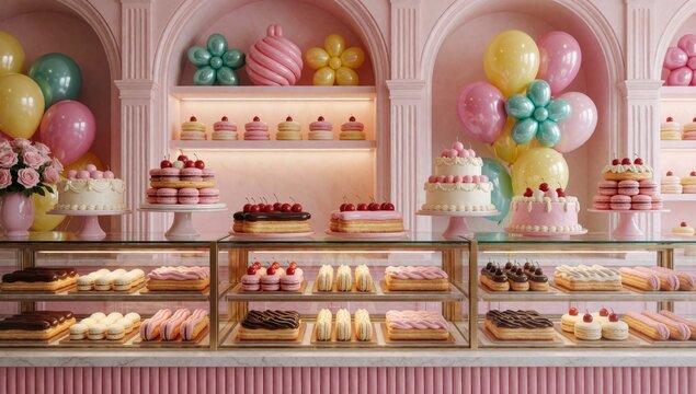 Display case filled variety cakes pastries made glass located pink-colored room arches columns walls decorated