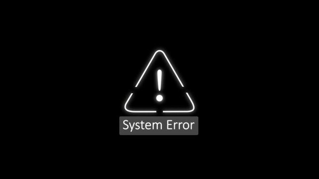 White warning triangle icon with exclamation mark and System Error text animation on a black background, showing a digital error notification concept.