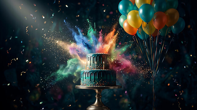 Birthday cake with exploding colorful powder. Festive dessert with vibrant holi dust effect.