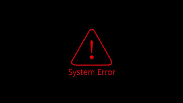 Red system error warning icon animation with exclamation mark on a black background, representing computer error and digital alert concept.