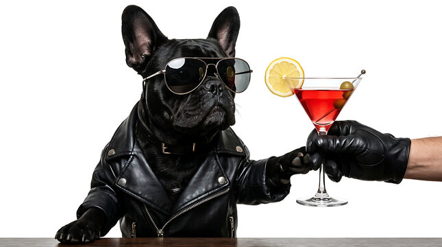 Cool French Bulldog in leather jacket with cocktail. Stylish dog wearing sunglasses cheers.