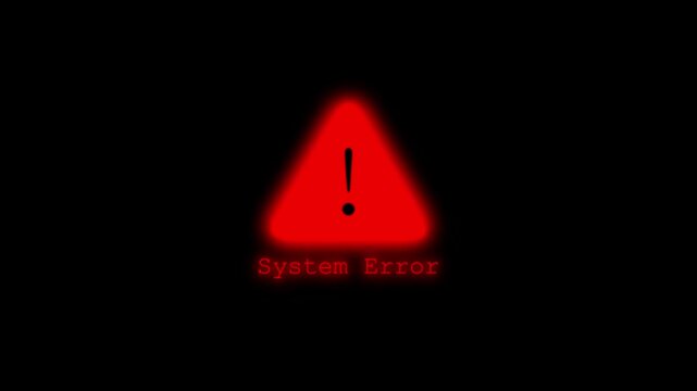 Animated computer system error notification with warning triangle icon on a black background, representing digital troubleshooting and software issue concepts.