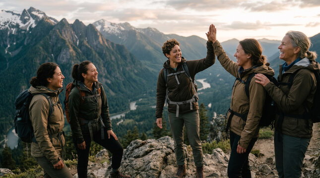 Women participating in an outdoor adventure and leadership retreat in the mountains, celebrating confidence and equality, Women's Equality Day, travel, wellness, leadership, empowerment