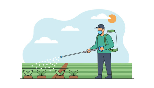 Farmer in protective gear spraying liquid fertilizer or pesticide on green seedlings in a field during a sunny day at the farm.