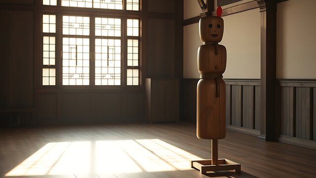 Pair of wooden training dummies in a traditional hall with soft morning light.