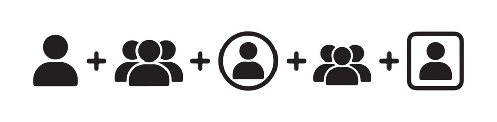 Obraz premium Icon collection of user and group silhouettes with plus signs for social media and web platforms.