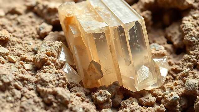 Macro view of broken barite ore showing its tabular crystal structure and earthy texture.