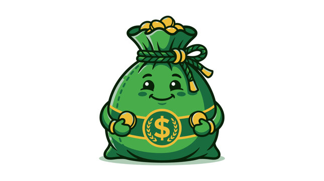 Cute Cartoon Money Bag Character Holding Gold Coins.