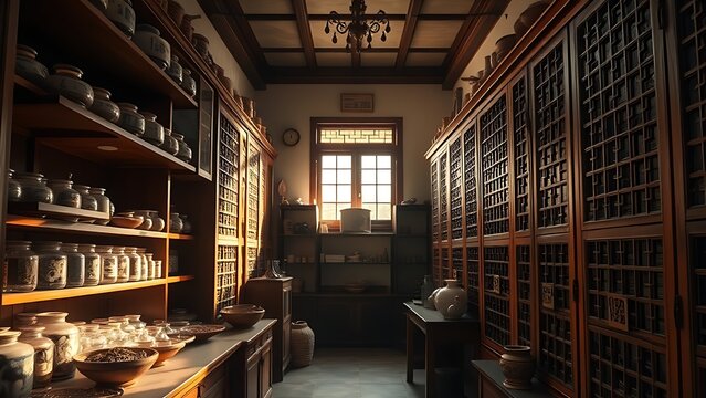 Traditional Chinese herbal shop interior with rows of aged camphor wood cabinets.