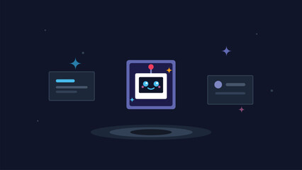 Naklejka premium Cute AI robot assistant floating with digital information cards vector illustration