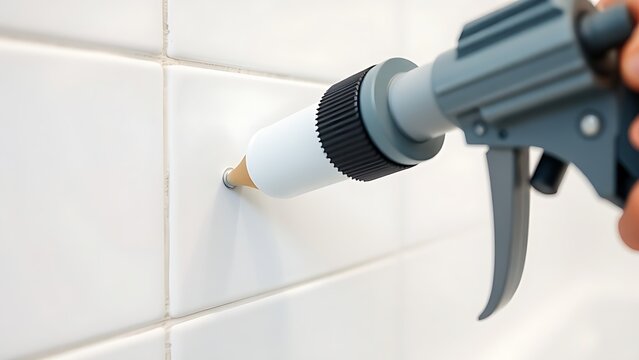 A caulking gun applying white sealant into a bathroom tile gap.