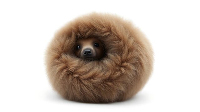 A furry potto curled into a ball, its small face peeking out from soft, natural fur.