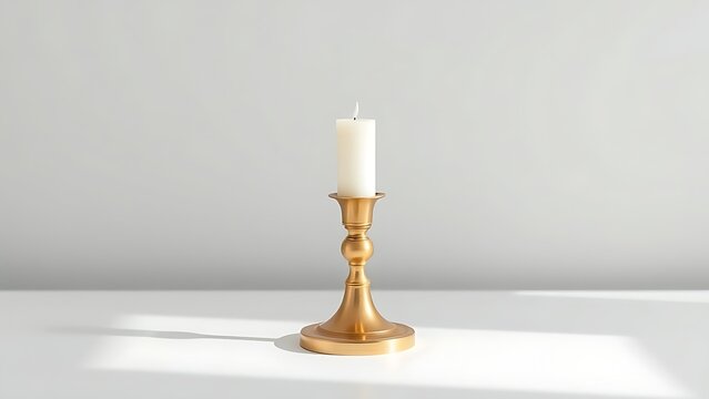 Single polished brass candlestick holder centered on bright surface, minimalist home decor and ambiance concept