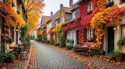 Naklejka premium Old town street with cobblestone road, classic European houses. Orange red autumn foliage climbs walls of historic buildings. Small outdoor cafe tables stand on sidewalk. Peaceful neighborhood