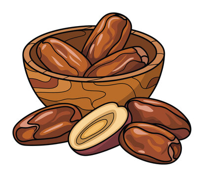 De d&aacute;tiles secos dulces en un taz&oacute;n de madera
