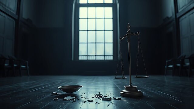 Broken scales of justice lying on the floor of a dark, empty courtroom.