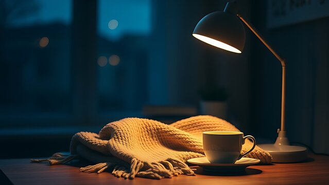 Warm desk lamp illuminates blanket and teacup on desk at night.