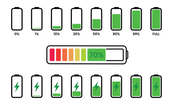 Battery charging indicator vector icon set on transparent background showing different charge levels.