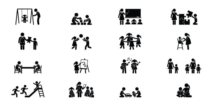 Set of black vector icons with children and adults in school kindergarten or playing together and teaching.