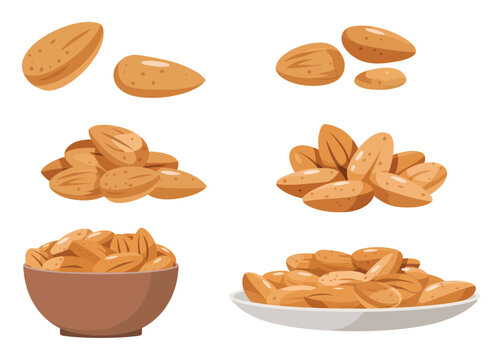Juego de almendras en montones y cuencos